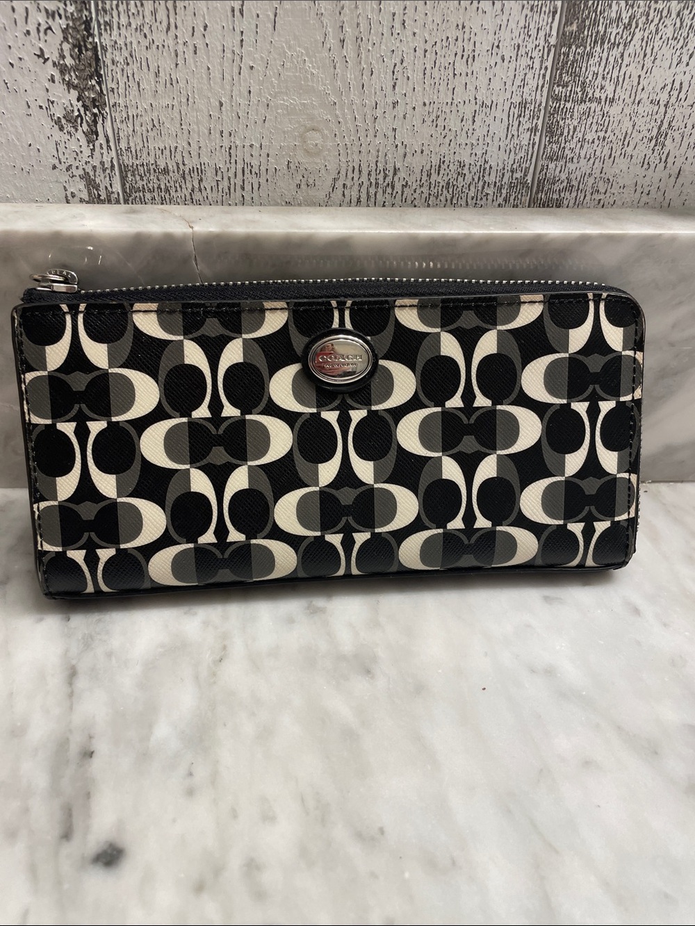 Coach Black & Cream Signature Zip Wallet with Metal Logo
